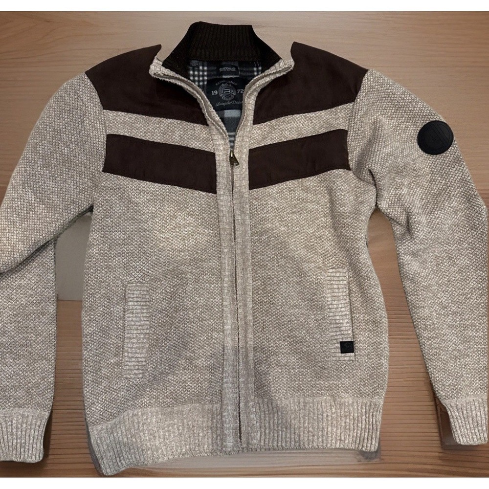 Buffalo David Bitton Mens Small Westony Knit Full Zip Jacket Brown Check Lined